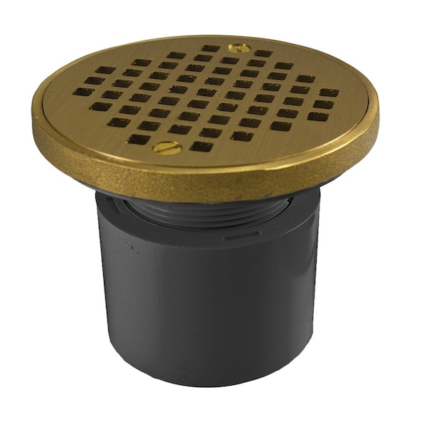 2in. PVC Over Pipe Fit Drain Base with 2in. Plastic Spud and 4in. Polished Brass Strainer with Ring